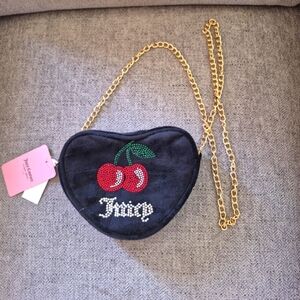 JUICY COUTURE BLACK VELVET HEART SHAPED CHERRY STUDDED CROSSBODY BAG